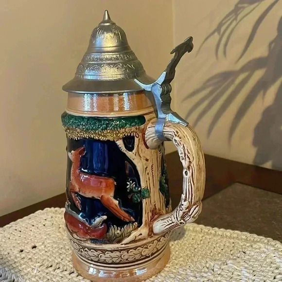 Vintage Lidded Stein Deer Fox Western Germany 9” - Picture 3 of 10